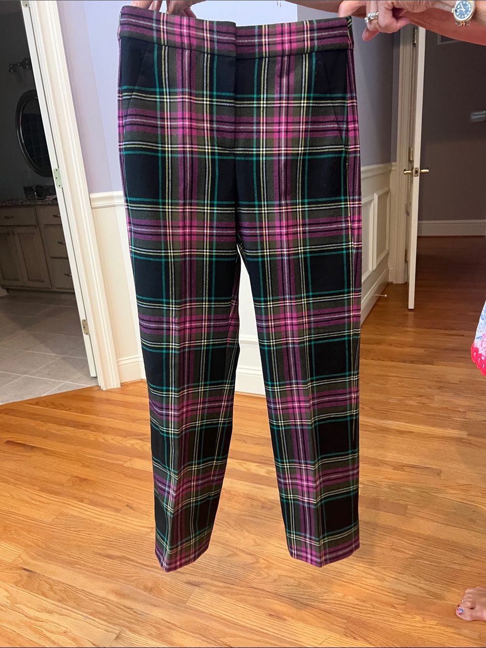 J Crew Kate Black Plaid Straight-Leg Trousers with Pink & Green